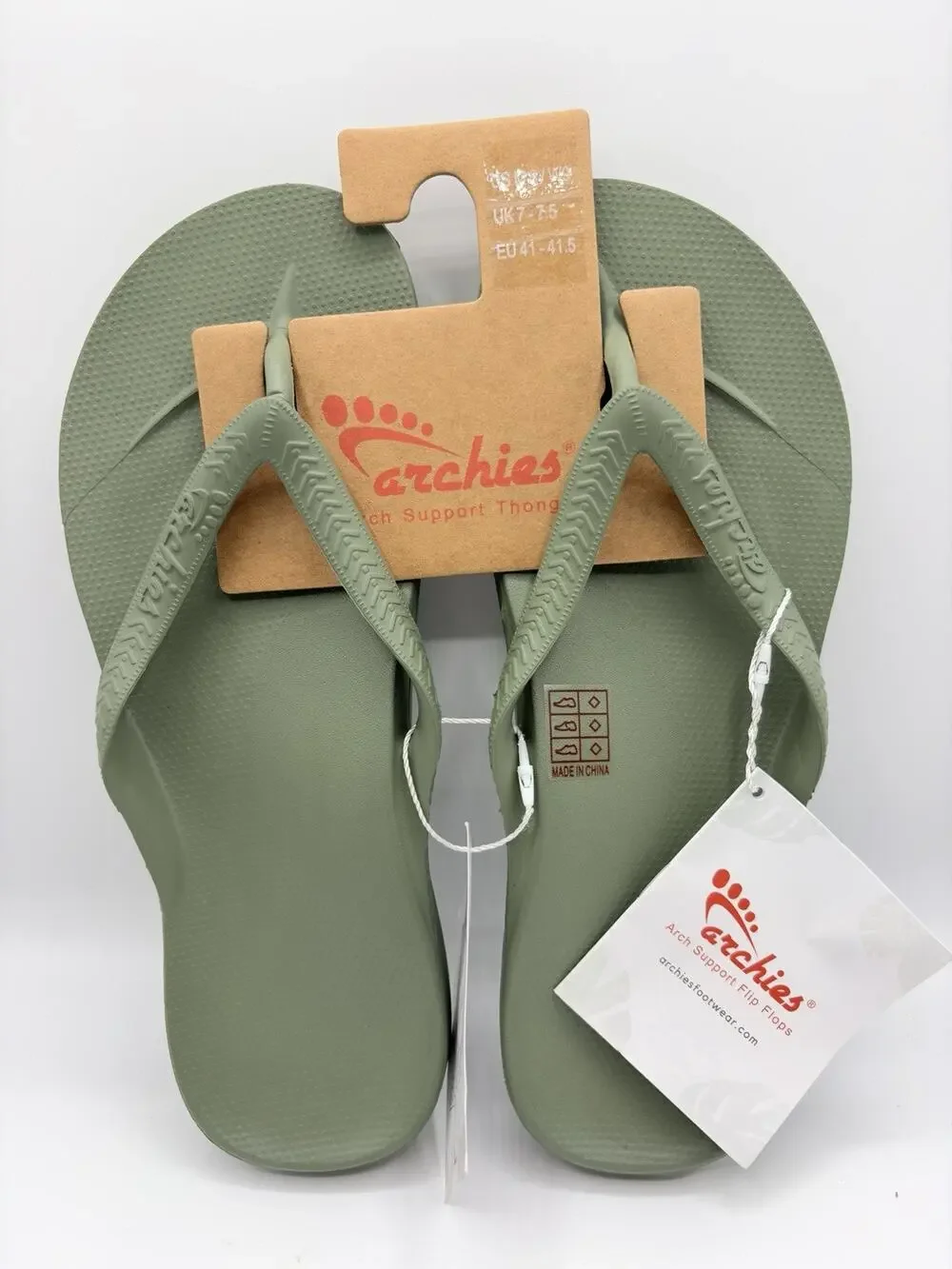 Archies Flip Flops Sandals Unisex Olive Green Arch Support Sz US M 8 W 9 NWT